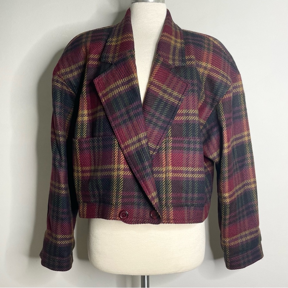 LINDA ALLARD for ELLEN TRACY Vintage Plaid Double Breasted Cropped Blazer Jacket